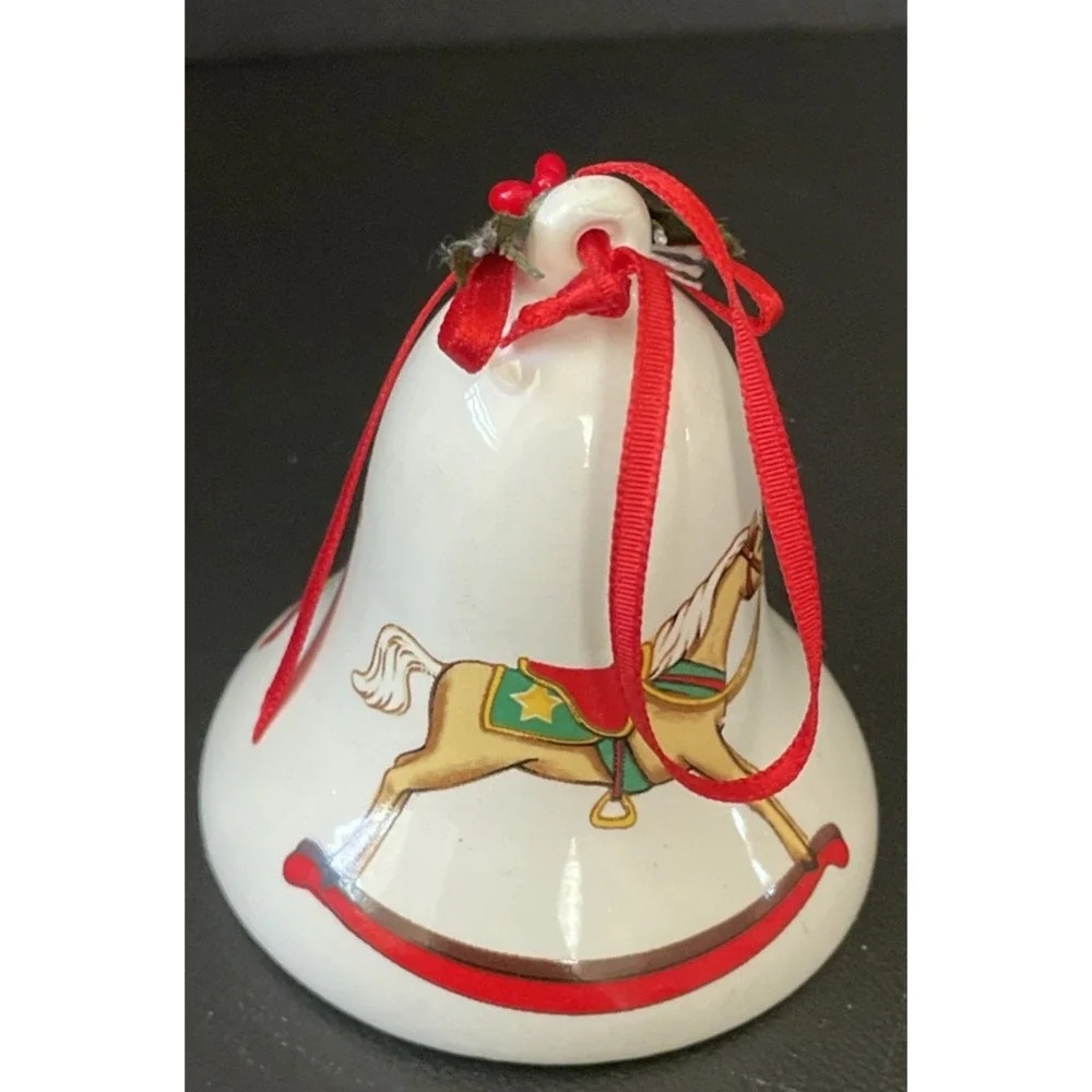 Vintage Porcelain Rocking Horse Bell Christmas Holiday Ornament‎
